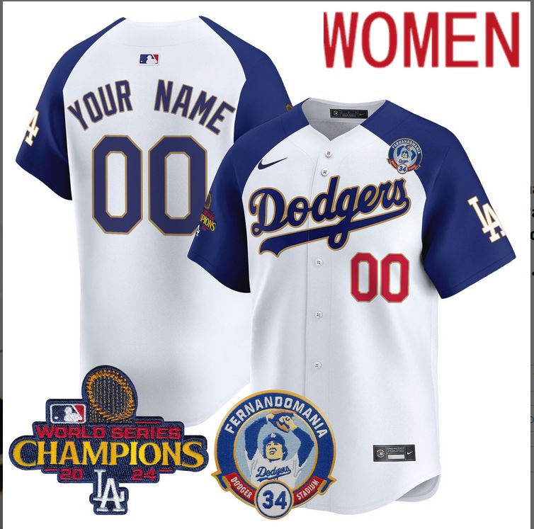 Women MLB Los Angeles Dodgers Custom white 2024 World Series Champions Patch Cooperstown Jersey style 12->customized mlb jersey->Custom Jersey